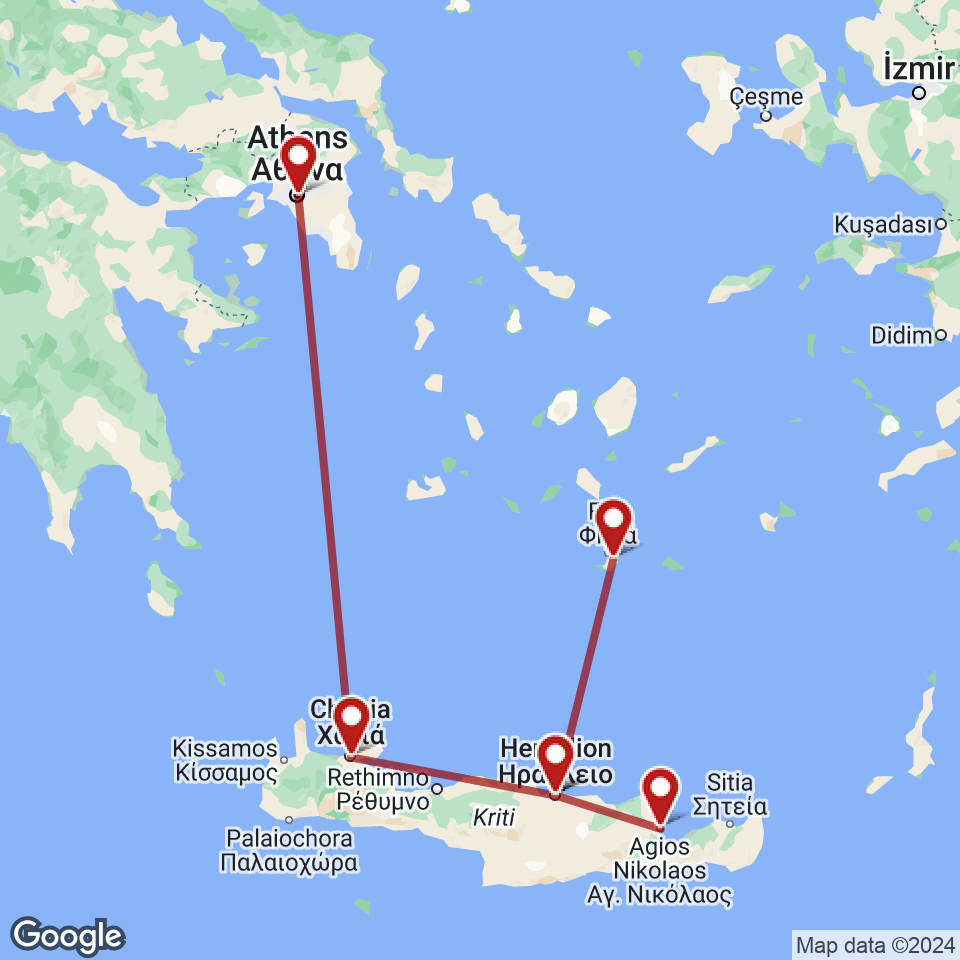 Route for Santorini, Heraklion, Agios Nikolaos, Heraklion, Chania, Athens tour